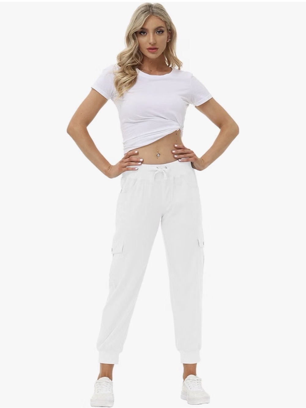 MoFiz Women’s White Cargo Jogger Pants Stretch Lightweight Size Large